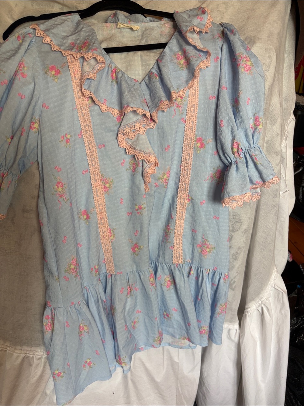 NWOT Rareraw Light Blue Floral Ruffled Peplum Blouse with Pink Trim 19”PTP